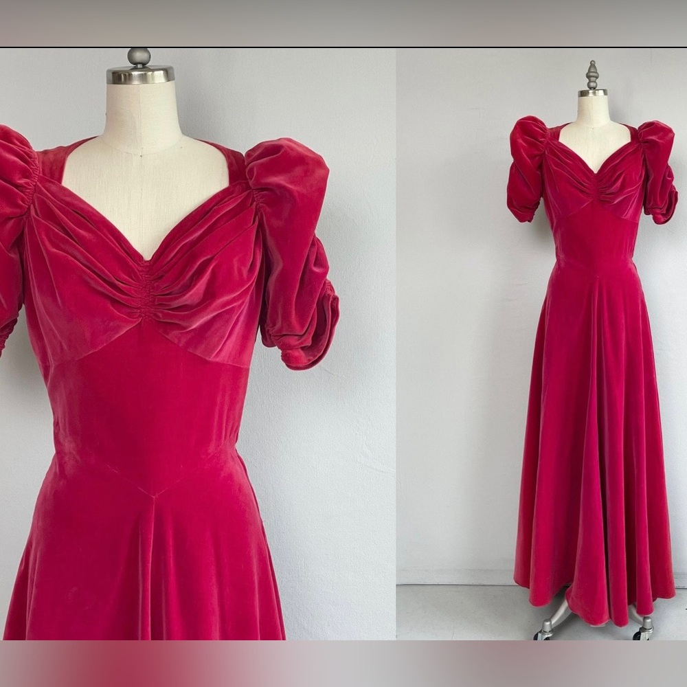 I.MAGNIN Vintage 1940s Pink Velvet Evening gown Maxi Dress Sweetheart I magnin